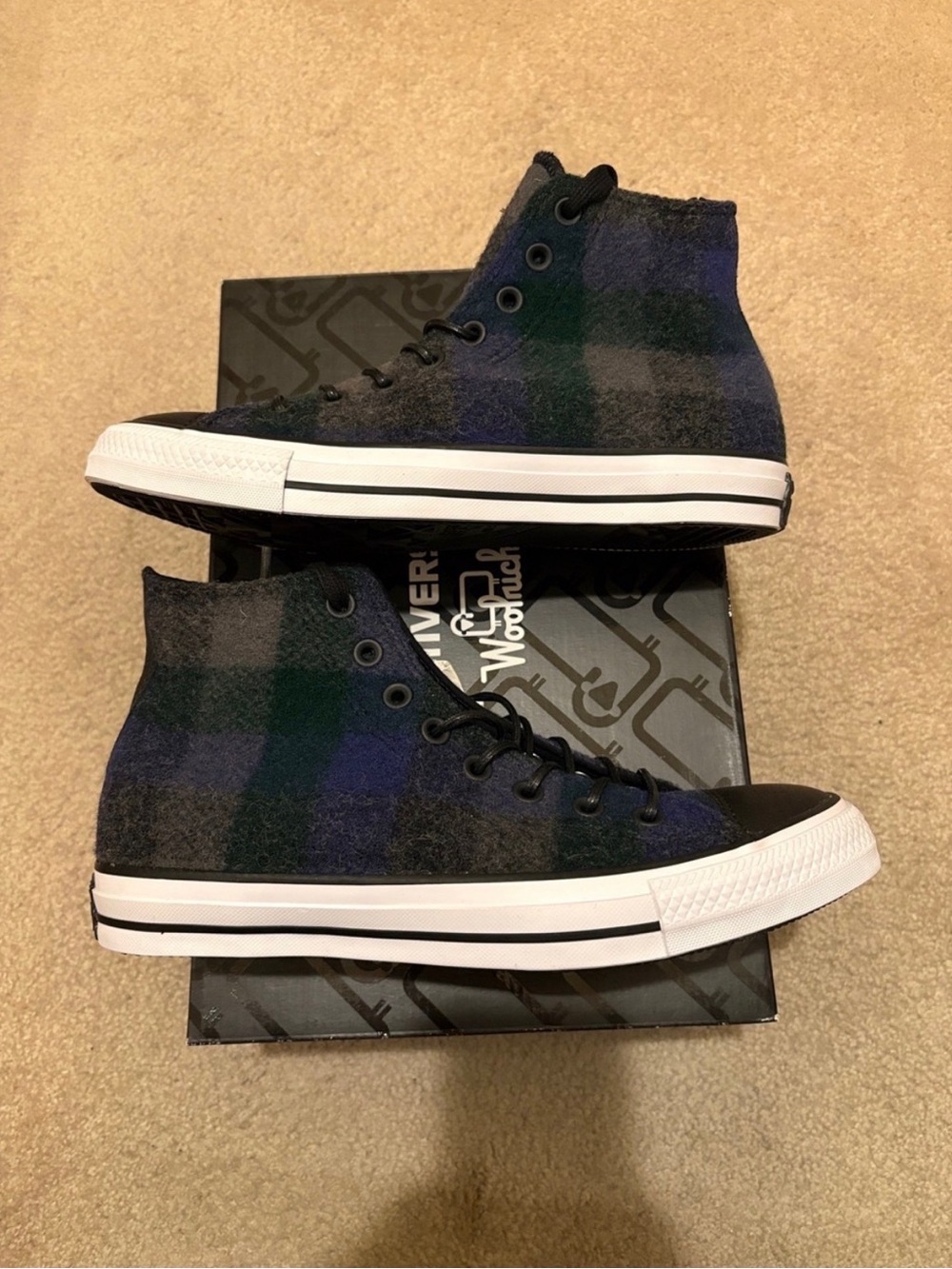 Converse x Woolrich High-Top Plaid Sneakers in Black, Navy, and Dark Green